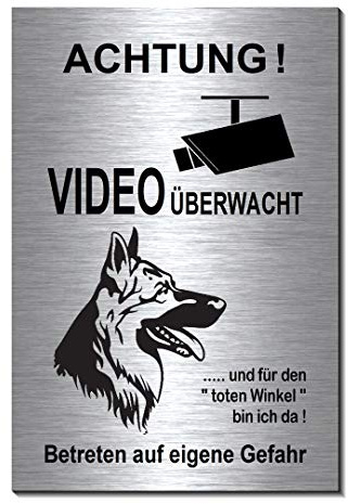 Schäferhund-Video-Überwachung-Hund-15 x 10 cm-Schild-Hundeschild-Aluminium Edelstahloptik-Hunde-Tierschild-Warnschild-Hinweisschild (1905-89 - 15 x 10 cm mit Klebepads)