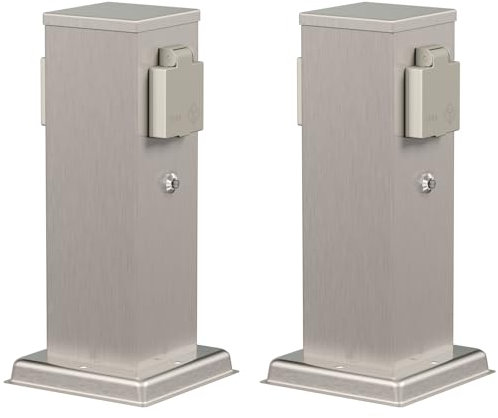 ledscom.de 2 Stück Garten Steckdosensäule Polly für außen, IP44, Dämmerungssensor, 2-Fach, Edelstahl, Edelstahl, eckig, 27 cm