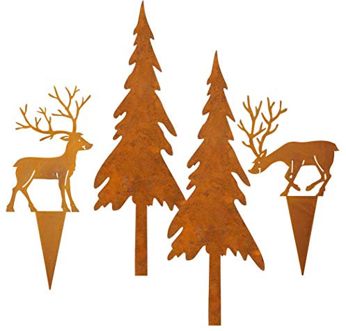 Storm's Gartenzaubereien Gartenstecker Hirsch mit Tannen 4er Set - Weihnachtsdeko in Rostoptik zum Stecken