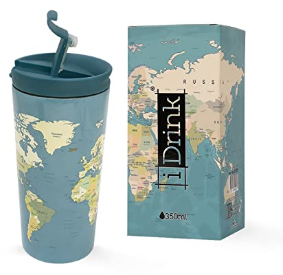 IDRINK - Thermobecher aus doppelwandigem Stahl 350 ml Verziert (Blue Maps)