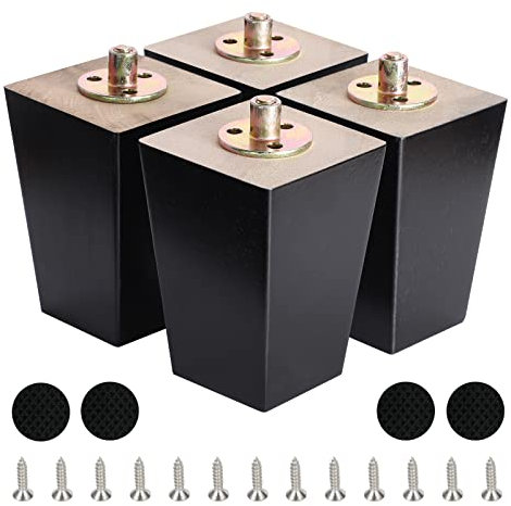 CtopoGo Lot de 4 Pieds de Meuble carrés en Bois Massif avec boulons pré-percés, vis et Coussinets en Caoutchouc. (4/ 10cm, Noir)