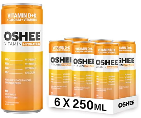 Oshee Vitamin Energy Formula 250ml Vitamin D+K (Pack of 6). Mint-lime-lemon flavour sparkling drink with addition of calcium and vitamins (D, K, C). Pasteurized. Contains sugar and sweetener.