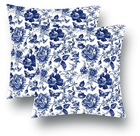 Blaue und weiße Porzellan-Kissenbezüge, 2er-Set, moderne Vintage-Chinoiserie, dekorative Kissenbezüge, weich, elegant, Samt, Couch-Kissenbezug für Bett, Wohnzimmer, Outdoor, Sofa, 40,6 x 40,6 cm