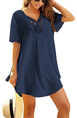 Ekouaer Strandkleider Damen Sommer Strandtunika V Ausschnitt Spitze Strandponcho Kurz Swimwear Cover Up Marineblau L