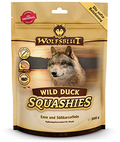 WOLFSBLUT – Wild Duck Squashies | Softe Snacks mit natürlichen Zutaten und wertvollen Superfoods für ausgewachsene Hunde. Getreidefreier Hundesnack ohne Zusatzstoffe im Beutel | 6x300g Ente