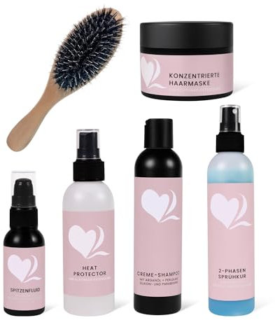 hair2heart Pflegeset für Extensions - Großes Set mit Bürste, Shampoo, Haarmaske, Öl, Kur und Hitzeschutz - Für geschmeidige, entwirrte und gepflegte Echthaarverlängerungen