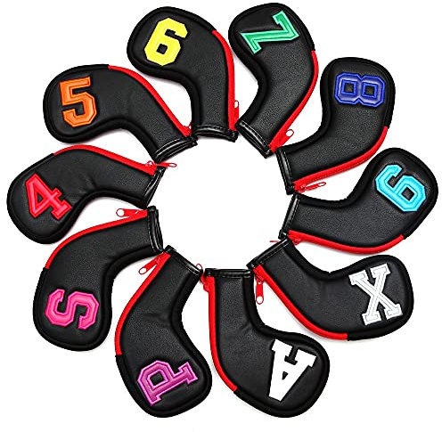 SHABIER Colorful Number Golf Iron Head Covers Iron Headovers Wedges Covers 4-9 ASPX 10pcs (Black with Zipper)