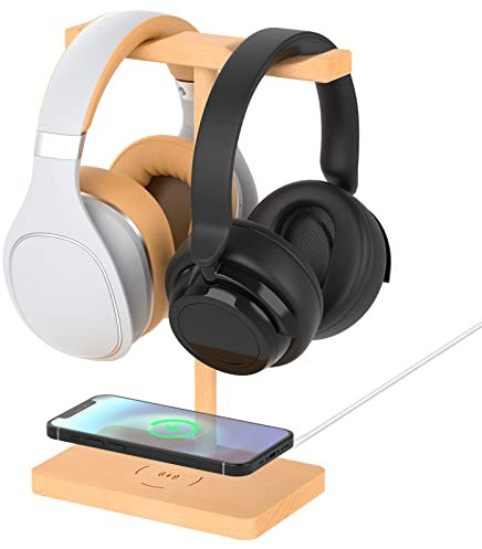 Headphone Stand Wood for Desk with Wireless Charger - ForTidy Gaming Headset Stand Holds Dual Universal VR Headset and Smart Watch,Support 15W Fast Charging, Type-C Cord Included