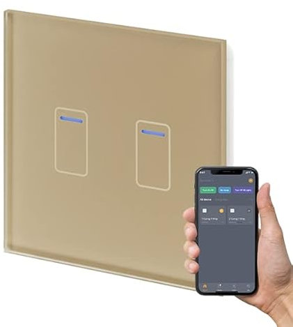 Retrotouch Crystal+ Touch WiFi Switch | 2 interruttori Smart Light | Multi Control | Telecomando | App compatibile con Alexa e Smart Life | Finitura in vetro ottone | Indicatore LED