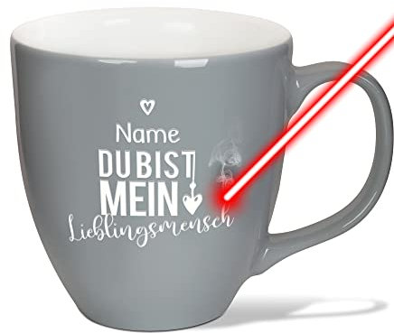 PR Print Royal XXL Jumbotasse graviert mit Name und Spruch - Lieblingsmensch - Hochwertige Porzellan-Tasse mit Gravur, hochglänzende Oberfläche, Geschenk für Mama | Rocky Grey, 400 ml