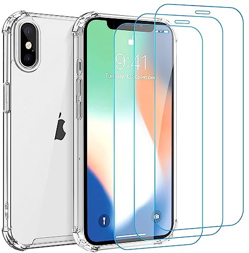 Whioltl Coque pour iPhone X/XS avec 3 Pièces Verre Trempé Protection écran, Transparente Silicone TPU Bumper Housse Case Cover, Anti-Jaunissement, Anti-Rayures, Dos Rigide HD Clair Étui