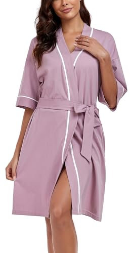 COLORFULLEAF Bademantel Damen Leicht 100% Baumwolle Kurz Sommer Morgenmantel Kimono Sauna 3/4 Ärmeln Roben Nachtwäsche mit 2 Taschen(Heideviolett,L)