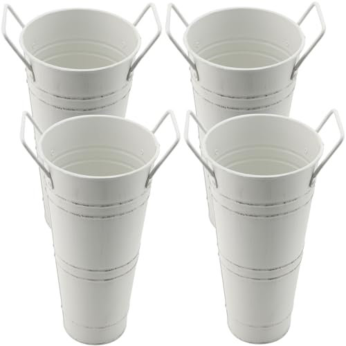 DAKFOOK 4 Pack Galvanized Metal Flower Vases, 23cm Height Beige Farmhouse French Bucket with Handles, Galvanised Vase Rustic Metal Flower Bucket for Wedding Table Centerpiece Decorations