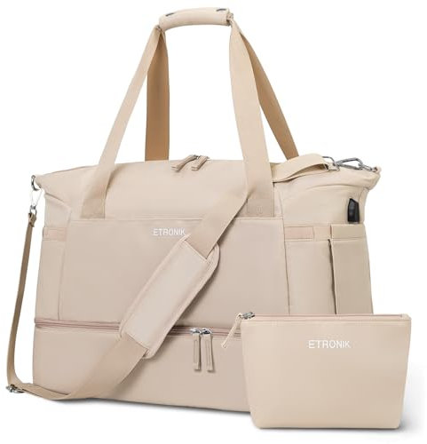 ETRONIK Sporttasche Reisetasche Damen mit Schuhfach, 55L Weekender Damen Große mit Nassfach, Sport Travel Bag für Reisen Gym Yoga, Handgepäck Tasche für Flugzeug, Khaki, Large