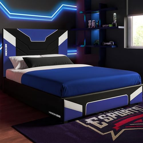 X-Rocker Cerberus MKII 4ft6 Double, Gaming Upholstered Bed Frame - Flat-pack for Easy Assembly, Breathable Comfort, Wooden Slats, Wipe-Clean Faux Leather for Kids & Teens - Blue - 135x190cm