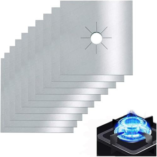 YOUNLEN 10 PCS Protectores Antiadherentes de Estufa a Gas, Reutilizables Tapetes del Rango del Gas Quemador Para Almohadillas Limpieza, Cubiertas para Hornillos Gas(Plata)