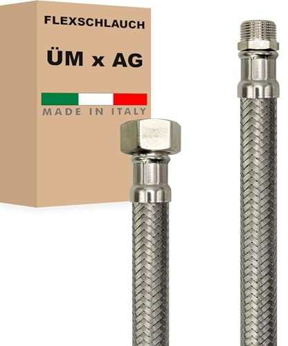 Flexschlauch DN13-1/2 Edelstahl Panzerschlauch Sanitär Hauswasserwerk - Made in Italy (1/2 ÜM x 1/2 AG, 150 cm)