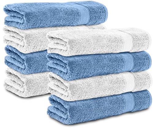 Komfortec 8er Handtücher 50x100 cm Set aus 100% Baumwolle, Frottee, Weich, Hellblau/Weiß
