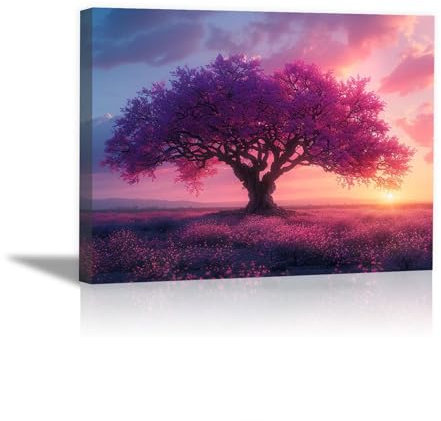 JOSUE Tableau Toile Arbre De Vie Paysage minimaliste Tableau Decoration Sur Toile,Violet, gris Peinture Image Tableau Salon DéCoration Murale- 75x115cm Encadrée
