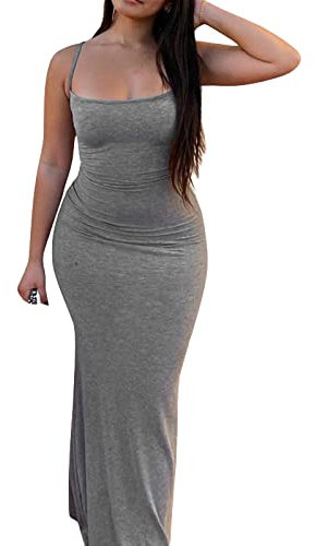 OOHOKAY Women's Dresses Summer Sexy Spaghetti Strap Solid Color Bodycon Low Cut Skims Elegant Sleeveless Backless Maxi Party Evening Aesthetic Y2K Fishtail Clothes(Grey-1,M)