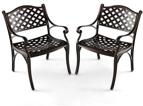 GIANTEX 2er Set Gartenstuhl, Garten Bistrostuhl wetterfest aus Aluminiumguss, Garten Essstuhl Balkonstuhl Terrassenstuhl ergonomisch mit Rücken- & Armlehnen, Gartensessel Antik bis 150kg belastbar (A)