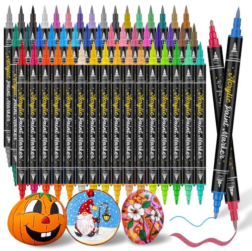 50 Acrylstifte Steine zum Bemalen Set, 38 Dual tip Acrylstifte für Steine Wasserfest und 14 Metallic Marker Stifte für Leinwand Keramik Tassen Scrapbook Fotoalbum Kürbis Basteln Ostereier Holz