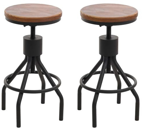 Mendler 2er-Set Barhocker HWC-N17, Barstuhl, höhenverstellbar drehbar Fußablage Industrial Metall Massiv-Holz - braun