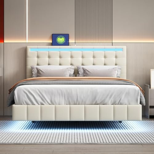 KeepGoon Lit rembourré 140 x 200 cm, lit Double avec éclairage LED et 2 USB, Cadre de lit avec sommier à Lattes, Tissu de Lin Doux pour la Peau (Beige)