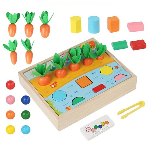 BASAMOU Holzspielzeug Montessori Baby ab 1 Jahr, 3 in 1 Motorikspielzeug Kinder ab 12 Monate Jungen Mädchen, Sortierspiel Holzpuzzle Karottenernte Clip Perlen, Lernspielzeug Kinder Geschenk Weihnacht