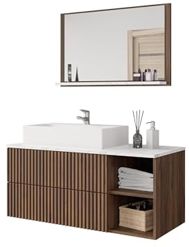 Mirjan24 Badmöbel Set Kormen Rillen I mit Waschbecken und Siphon, 2 offenen Fächern, 2 Schubladen, Oberplatte - Marmor-Optik, Badezimmer Komplett (Nuss Warmia + Marmor Bianco)