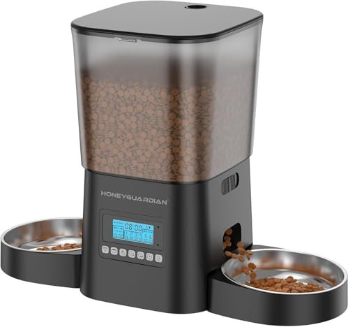 HoneyGuaridan Automatic Cat Feeders for 2 Cats, 3.5L Cat Food Dispenser with Double Bowls,Two Way Splitter Timed Cat Feeder for Dry Food, Programmable 1-6 Meals Control, Dual Power Supply, 10s Call