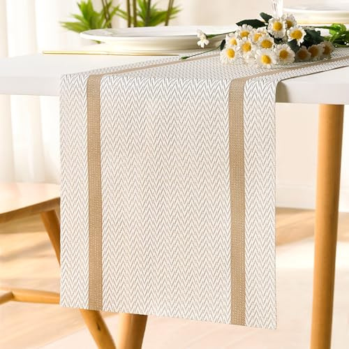 LRartdeco Tischläufer Modern Deko Gold Beige, Tischläufer Outdoor, Tisch Läufer Abwaschbar PVC, Table Runners Tischdeko, für Tisch Gartentische Couchtisch Terrassentisch, 30 x 180 cm