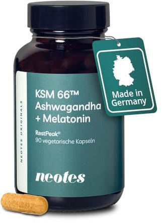 neotes SchlafGut - Ashwagandha + Melatonin 90 Kapseln Hochdosiert 400mg KSM-66™ | Mit Baldrian, GABA & Vitamin B6 | Stressabbau, Schlafverbesserung & Entspannung | Bioverfügbar & Ohne Zusätze