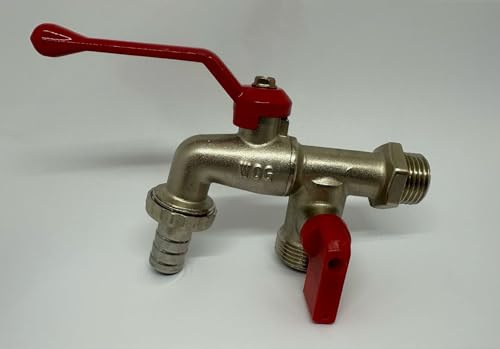 Doppelter Wasserhahn Garten Messing 1/2 inc. und [+ 3/4 Zoll Adapter] Kugelhahn Wasserhahn Schlauch Doppelausgang Wasserhahn Garten Wasserhahn Kit Außenwasserhahn