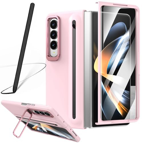 Coque pour Galaxy Z Fold3 avec béquille, Coque avec Stylet et Emplacement pour Stylet S Pen, Protection d'écran Avant pour Samsung Galaxy Z Fold3 avec Support Pliable-Rose
