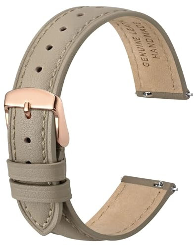 Anbeer 18mm cinturino piatto e sottile in vera pelle,cinturino di ricambio a sgancio rapido,kaki chiaro con fibbia oro rosa