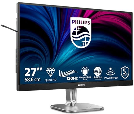 Philips 27B2N4500-27-inch QHD Monitor, Speakers, Height Adjustable, Adaptive Sync (2560x1440, 120 Hz, 2x HDMI 2.0, DisplayPort 1.2, USB Hub) Black Grey
