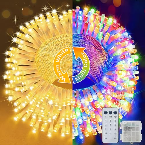 YIFMOO 10M 100LED Lichterkette Außen Batterie, Warmweiß + Bunt Lichterketten mit Timer/Fernbedienung, 12 Modi, Dimmbar Farbwechsel Weihnachtsbeleuchtung für Inne Party Balkon Weihnachten Hochzeit Deko