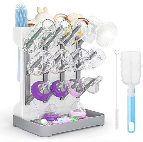 Winuoyang Baby Bottle Drying Rack, Large Water Bottle Drying Rack for Newborn with Removable Drip Tray Space Saving Drainer Rack for Baby Bottles and Pump Part Cleaning