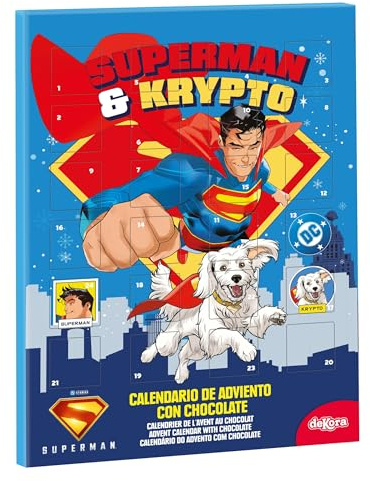 dekora - Superman & Krypto Adventskalender mit Schokolade – 24 Milchschokoladen-Pralinen – 50g – Offizielles DC Lizenzprodukt – Weihnachtskalender für Kinder