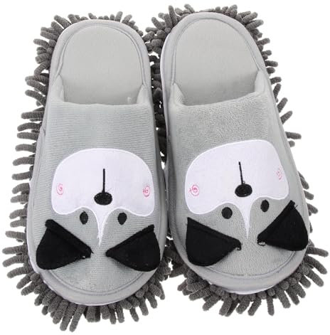 CONGARTENO Microfiber Floor Cleaning Mop Slippers Women Home Use Removable Washable Thick Chenille Lazy Mop Shoes Grey Dog Pattern Medium 38-41