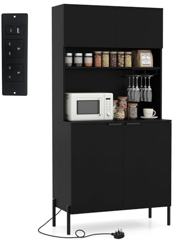 COSTWAY 164cm Tall Kitchen Cupboard, 4-Door Buffet Pantry Storage Cabinet with Power Outlet, Wine Rack, Adjustable Shelf & Anti-tipping Device, Freestanding Sideboard Organizer Unit (Black)