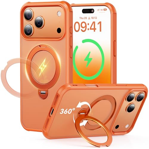 Peerock 360° Drehbarer Magnetischer Ständer für iPhone 17 Pro Max Hülle (Kompatibel mit MagSafe) [18FT Militärischer Fallschutz] Matt Stoßfest Kratzfest für iPhone 17 Pro Max Case 6,9'', Cosmic Orange