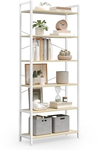 VASAGLE Regal, Bücherregal, Standregal, DVD-Regal, mit 6 Ebenen, Büroregal, offene Ablagen, für Büro, Wohnzimmer, Schlafzimmer, Küche, 30 x 64 x 185,5 cm, naturbeige-mattweiß LLS062LL01