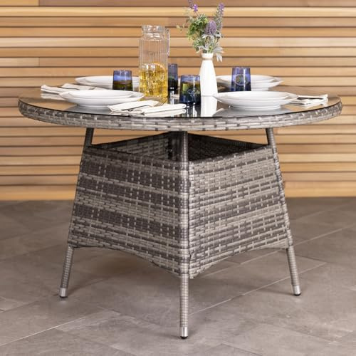 CHARLES BENTLEY Outdoor, Garden, Patio, Durable Weaved Rattan, 4 Seater Dining Table, Grey, Parasol Hole Included, Weatherproof, Contemporary Style, Glass Tabletop, Easy Clean, 26.8kg (110x110x74cm)
