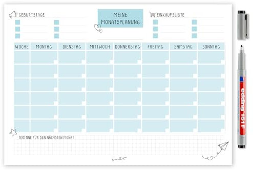 Selbstklebender Monatsplaner Whiteboard blau undatiert I DIN A3 Wochen-Planer Tagesplaner Organizer Planung Überblick I abwischbar I dv_529