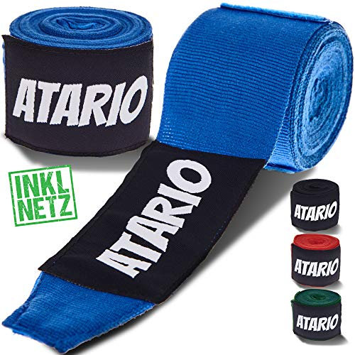 𝐀𝐓𝐀𝐑𝐈𝐎® Boxbandagen mit Transportnetz [3m/4,5m] – Bandagen Boxen mit Daumenschlaufe – Box Bandagen Männer & Frauen halbelastisch zum Boxen, Kickboxen, Muay Thai & MMA (Blau, 3m)
