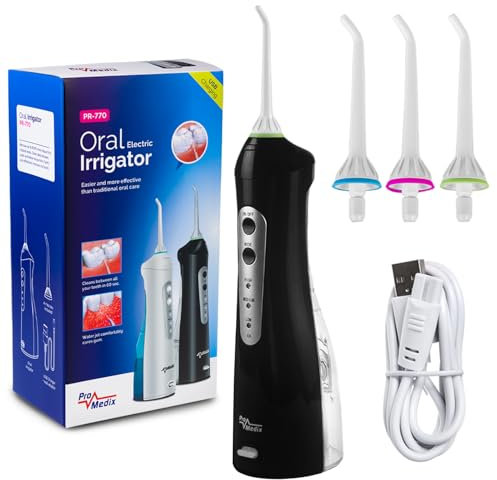 ProMedix PR-770 Elektrische Munddusche Reisemunddusche | Wasser-Flosser Oral Irrigator Zahnreinigung Zahnpflege 4 Düsen Drahtlos (Schwarz)