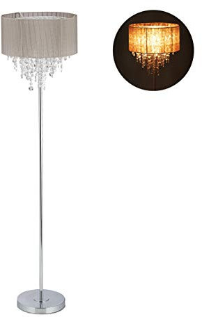 Relaxdays Stehlampe Kristall, Lampenschirm aus Organza, runder Standfuß, E27, Stehleuchte, HxD: 151,5x38 cm, grau/silber
