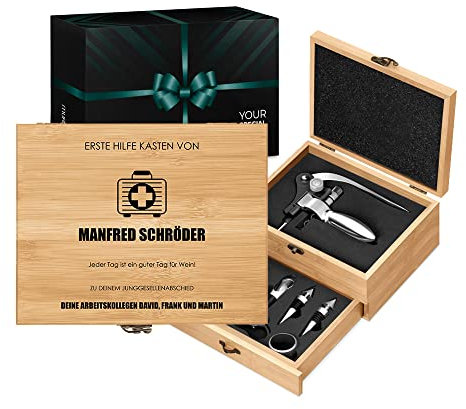 Maverton Weinöffner-Set personalisiert Weinset Sommelier Set - Geschenkbox Holzbox + 8er Weinzubehörset - aus Bambus - Braun - Geschenk zum Geburtstag für Männer - Erste Hilfe Kasten